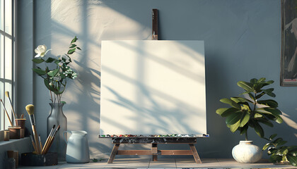 empty canvas on wooden easel with flower vase and paintbrushes  - obrazy, fototapety, plakaty