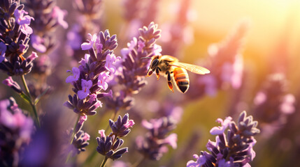 A bee flying over a bunch of lavender flowers.