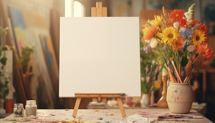 empty canvas on wooden easel with flower vase and paintbrushes  - obrazy, fototapety, plakaty
