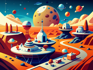 Interplanetary terraforming projects to make planets habitable. vektor illustation