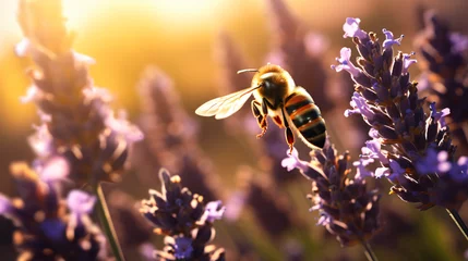 Photo sur Plexiglas Abeille A bee flying over a bunch of lavender flowers.