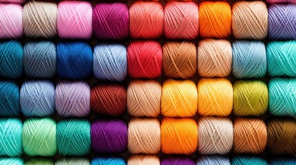 The background is made of colored yarn. Balls of thread in close-up. Materials for needlework on the shelf in the store. Hobby or creative work.