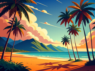 Fototapeta na wymiar Towering palm trees lining a sandy tropical beach. vektor illustation