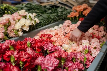 florist sorting through a bin of carnations