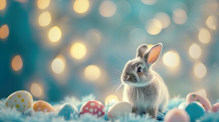 Fototapeta na wymiar Easter bunny and easter eggs made with Ai generative technology