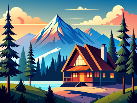 A cozy cabin nestled among towering pine trees in the mountains. vektor illustation