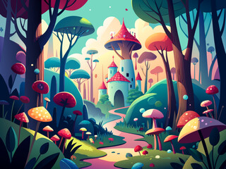 A whimsical fairy tale forest filled with enchanted creatures. vektor illustation