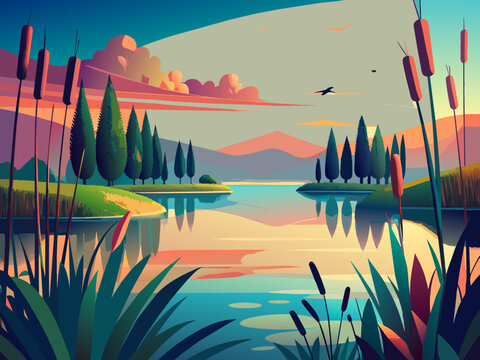 A tranquil pond surrounded by tall reeds and cattails. vektor illustation