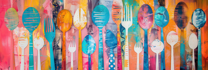 Colorful painted utensils cutlery in a row on canvas. - obrazy, fototapety, plakaty