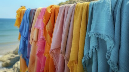 Beach towel display on sandy shores, summer color theme highlights
