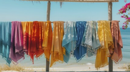 Colorful beach towels arrayed on sand, accentuating summer's lively themes