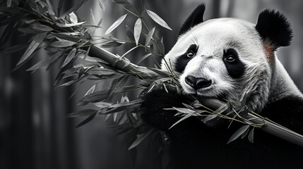 A black and white photo of a panda bear sitting.