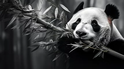 Gordijnen A black and white photo of a panda bear sitting. © Anas