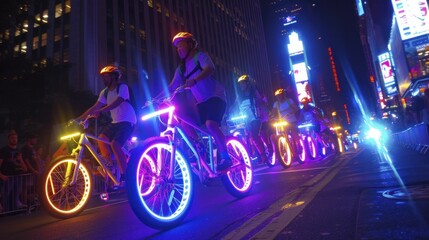 Electric neon bike parade through summer streets, a fantasy of motion and color