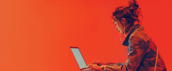 woman writing with a laptop on a red background with space for text