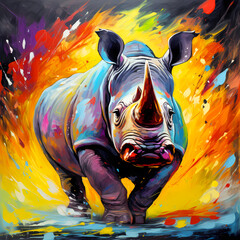 black rhinoceros drawn by oil paints, bright colors