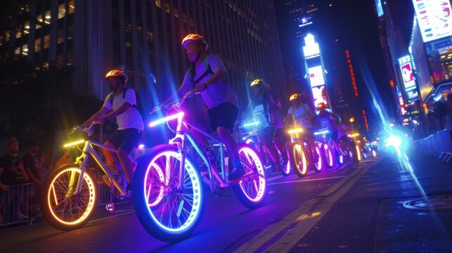 Electric neon bike parade through summer streets, a fantasy of motion and color
