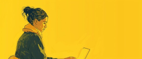woman writing with a laptop on a yellow background with space for copy