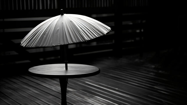 A black and white photo of an umbrella on a table.