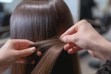 Foto op Plexiglas hairdresser trimming split ends off long straight hair © studioworkstock