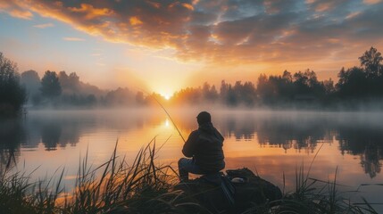 Dawn fishing serenity, waters reflecting gentle hues of the summer dawn - obrazy, fototapety, plakaty