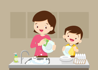 Happy kid helping family washing dishes at home