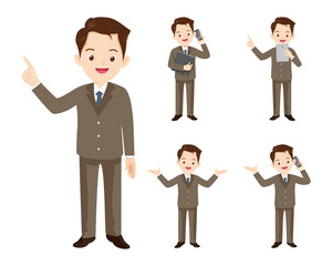 business man or office worker character with various poses, face emotions and gestures. Talking on the phone ,present,point