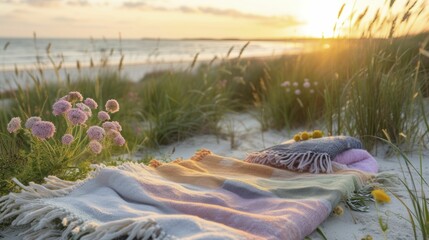 Coastal dune picnic, vibrant summer pastels on beach towels, blending with nature