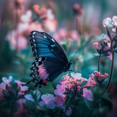 blue beautifull butterfly on pink violet flowers --v 6.0 - Upscaled (Subtle) by @khanzada (fast)