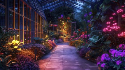 Summer botanical garden, electric neon lights illuminating a fantasy evening - obrazy, fototapety, plakaty