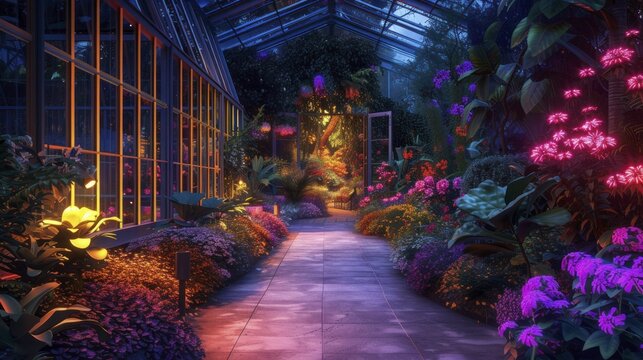 Summer botanical garden, electric neon lights illuminating a fantasy evening