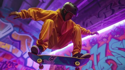 Skate park summer spectacle, tricksters clad in neon against electric graffiti