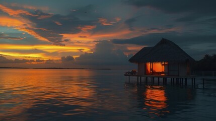 Fototapeta na wymiar Bungalow bliss at sunset, where summer paints the sky in tranquil hues