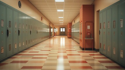Busy College Hallway Scene with Vibrant Lockers, Educational Environment, Student Life Concept