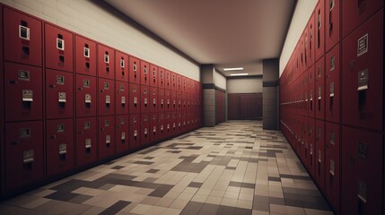 Busy College Hallway Scene with Vibrant Lockers, Educational Environment, Student Life Concept