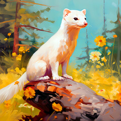 ermine in forest drawn by oil paints, colorful background, cute white animal