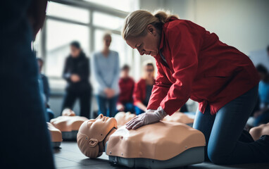 CPR Training ,Emergency and first aid class on cpr doll, Cardiopulmonary resuscitation, One part of the process resuscitation on unconscious person
