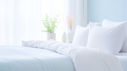 Fototapeta na wymiar bed with white pillows and blue cover
