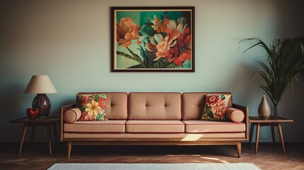 living room interior with sofa and wooden frame with flowers pictures on the wall