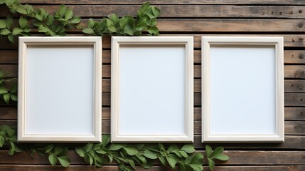 empty wooden frames on a wooden wall with green leaves