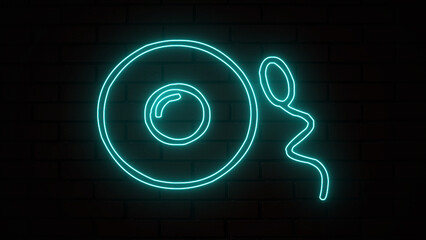 Glowing blue neon outline Sperm and egg cell icon isolated on brick wall background. Blue microscopic sperm and egg cell.