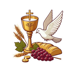 eucharist catholic Christianity sign altar symbol dove grape bread wheat flat vector