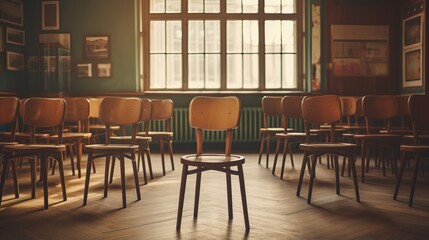 Vintage Wooden Chairs in Empty Classroom: Back to School Concept with Nostalgic Tone - obrazy, fototapety, plakaty