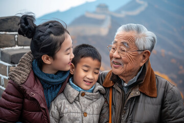 Grandfather enjoys cheerful moment with grandchildren outdoors. Family bonding. - obrazy, fototapety, plakaty