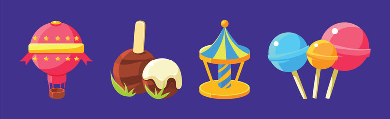 Amusement Park and Funfair Object with Candy and Hot Air Balloon Vector Set