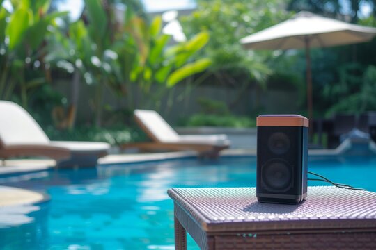 speaker on a poolside table near sun lounger
