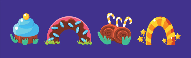 Amusement Park and Funfair Object with Sweet Pastry and Candy Vector Set