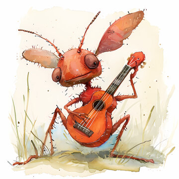 Ant playing ukulele, watercolor illustration.