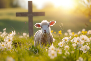Cute lamb in a meadow with a cross in the background. Easter concept. - obrazy, fototapety, plakaty