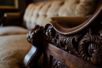 closeup of carved wooden seat details and upholstery